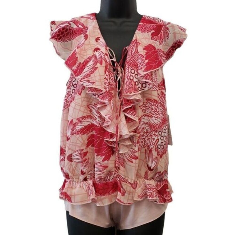 Guess Ruffle Lace Up Blouse Bodysuit Women's MEDIUM Pink White Floral V-Neck NEW